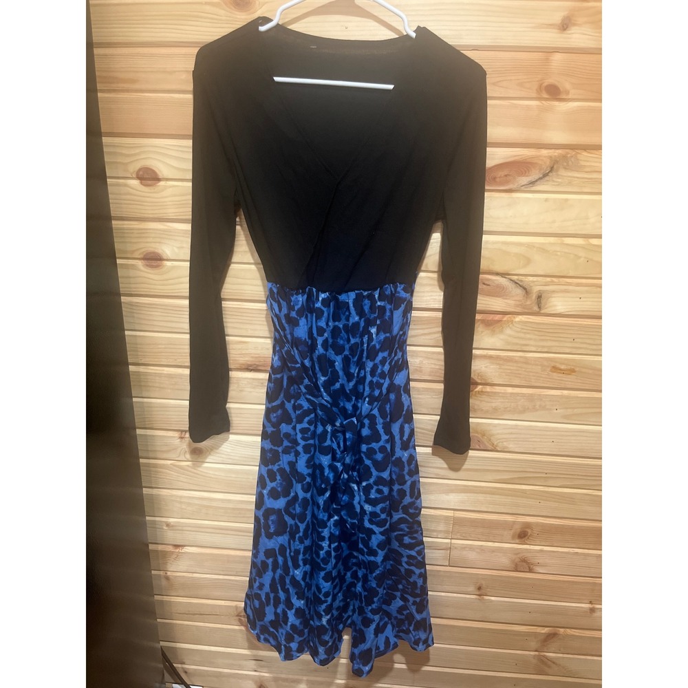 Cupshe Womens Long Sleeve Wrap Dress Black Blue Leopard Print V-Neck CA405A2H024